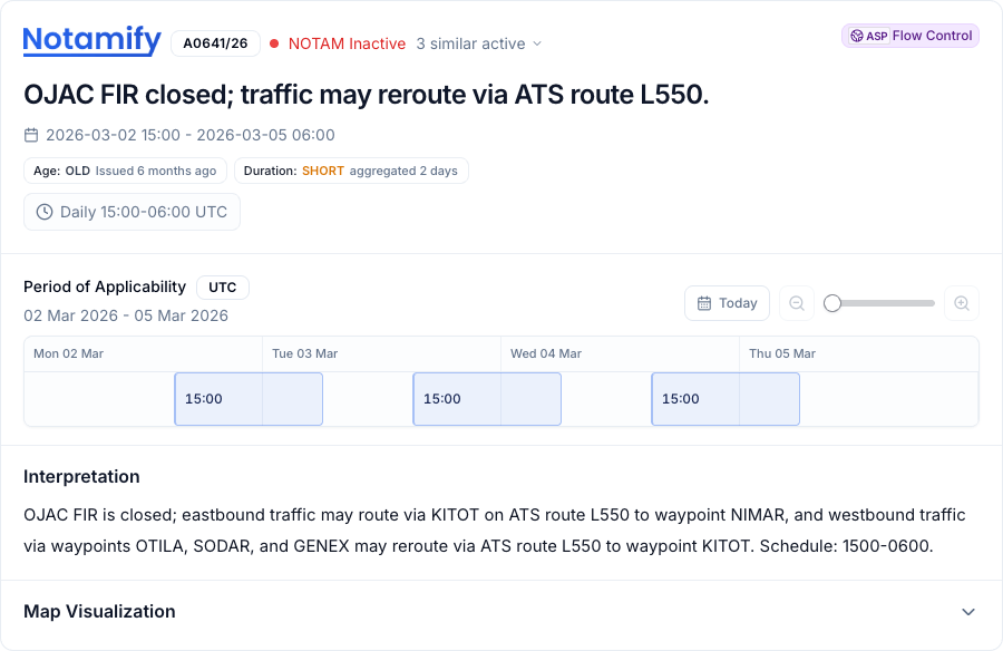 Jeddah routing notice A0641/26, setting out alternative routes because Amman airspace was closed.