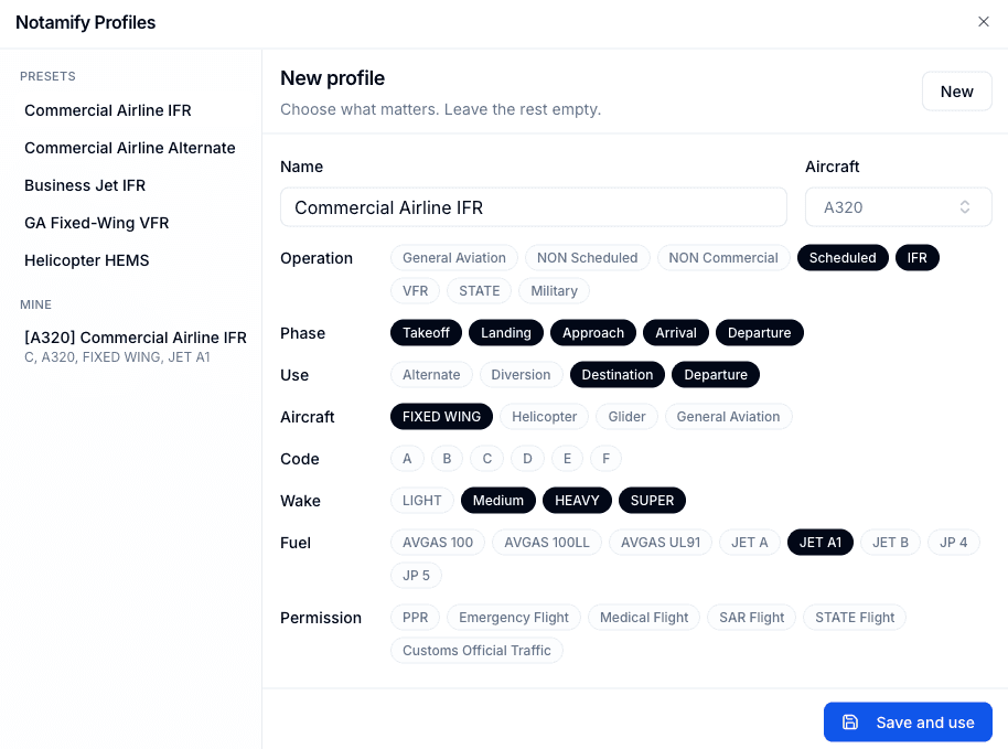 Notamify Profiles editor