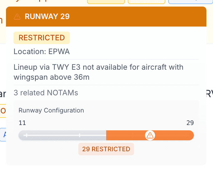 Affected element card for runway 29 at EPWA, showing the restriction, related NOTAMs, and runway configuration