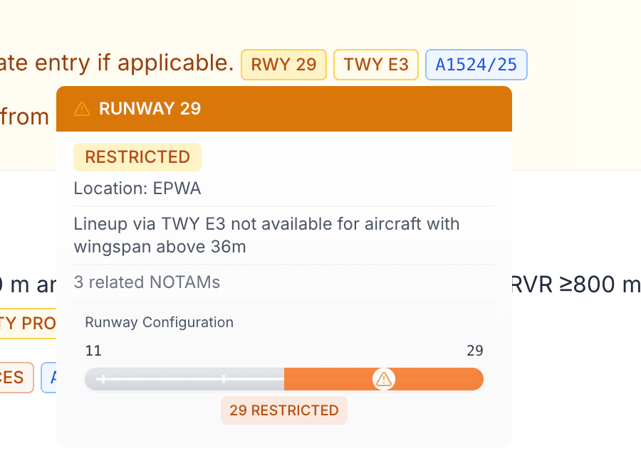 Flight briefing showing affected elements