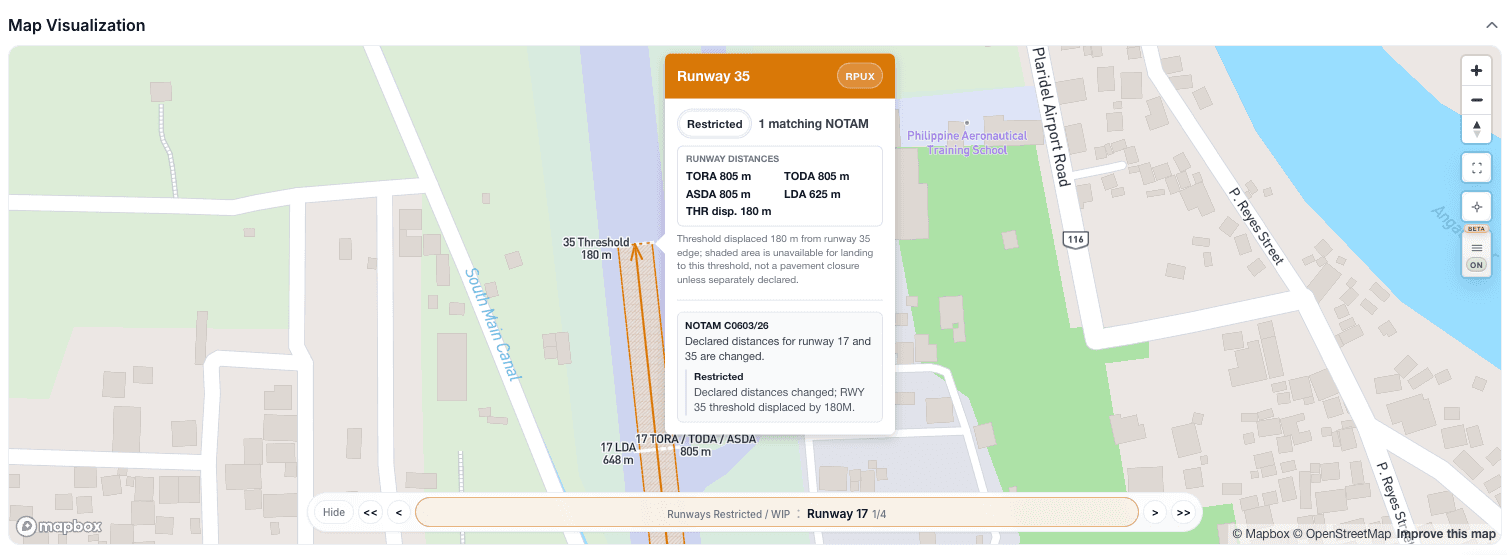 RPUX runway threshold displacement and LDA in Notamify