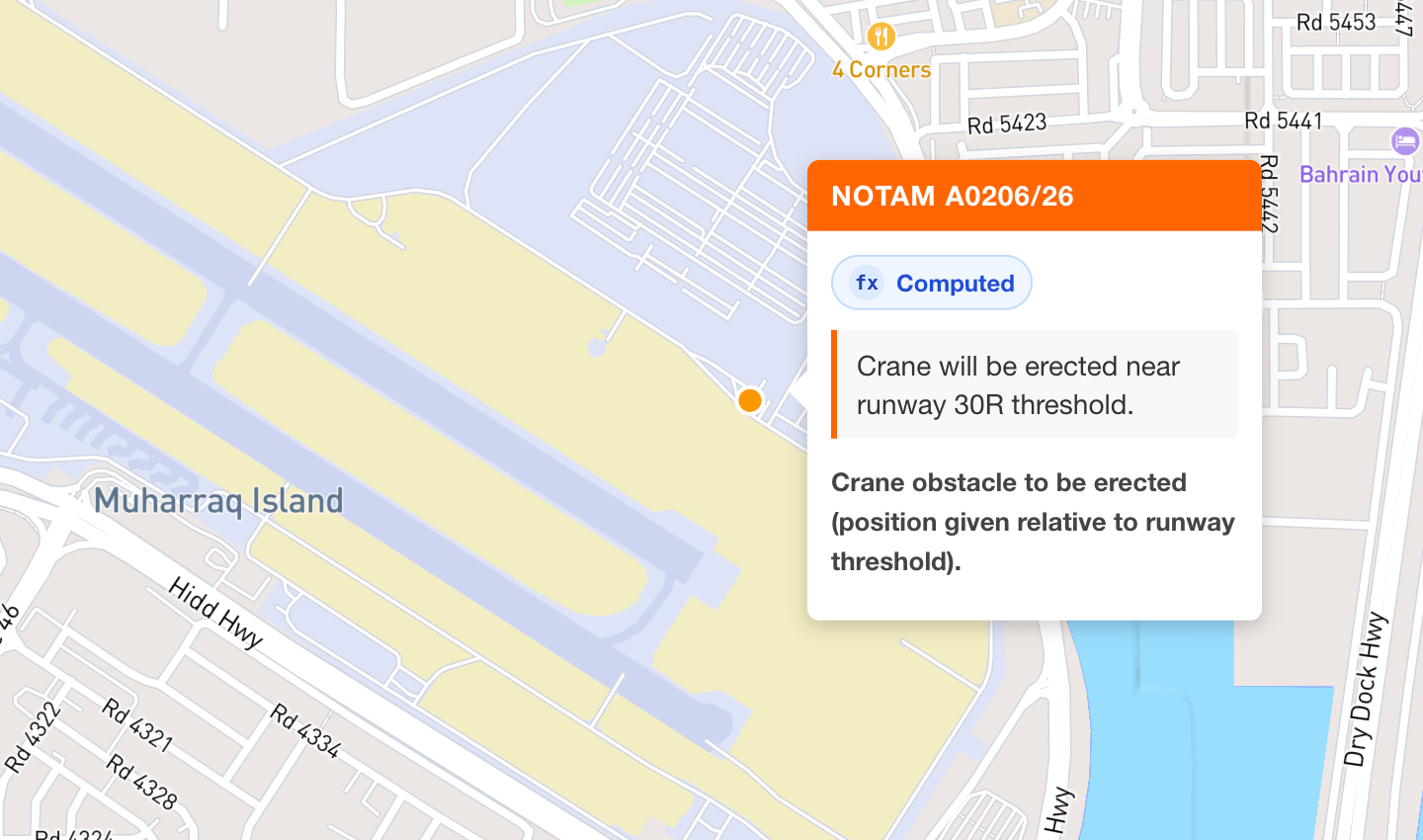 Calculated obstacles example: threshold based crane position from a referenced NOTAM at OBBI