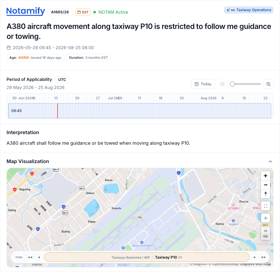 Notamify NOTAM detail example for A380 aircraft applicability on a taxiway operation