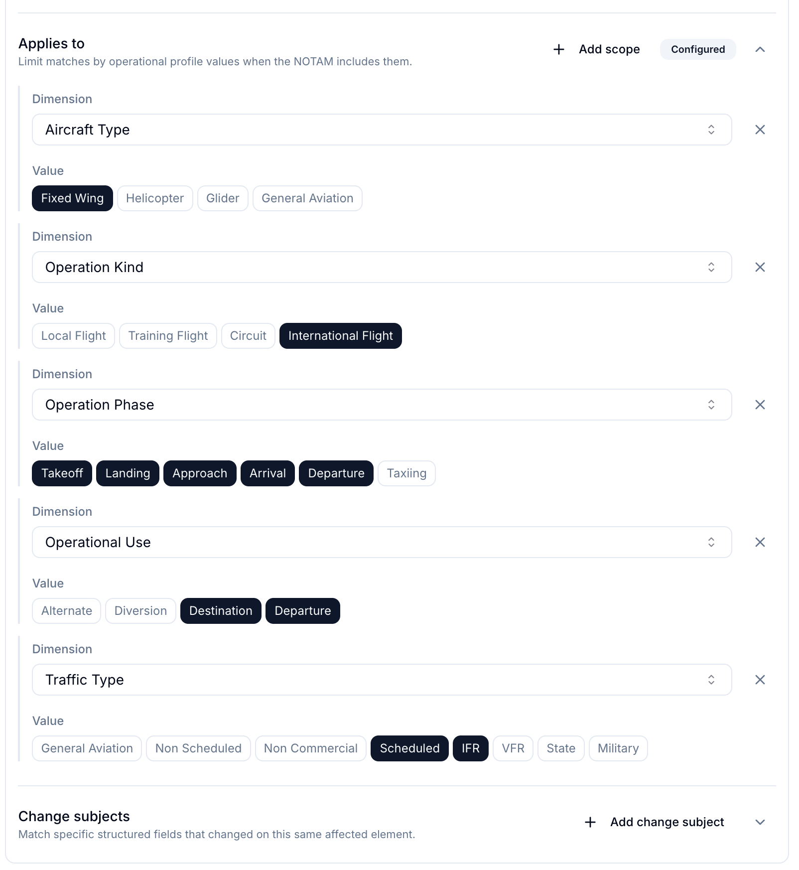 Notamify airline profile scope applied to alert filtering