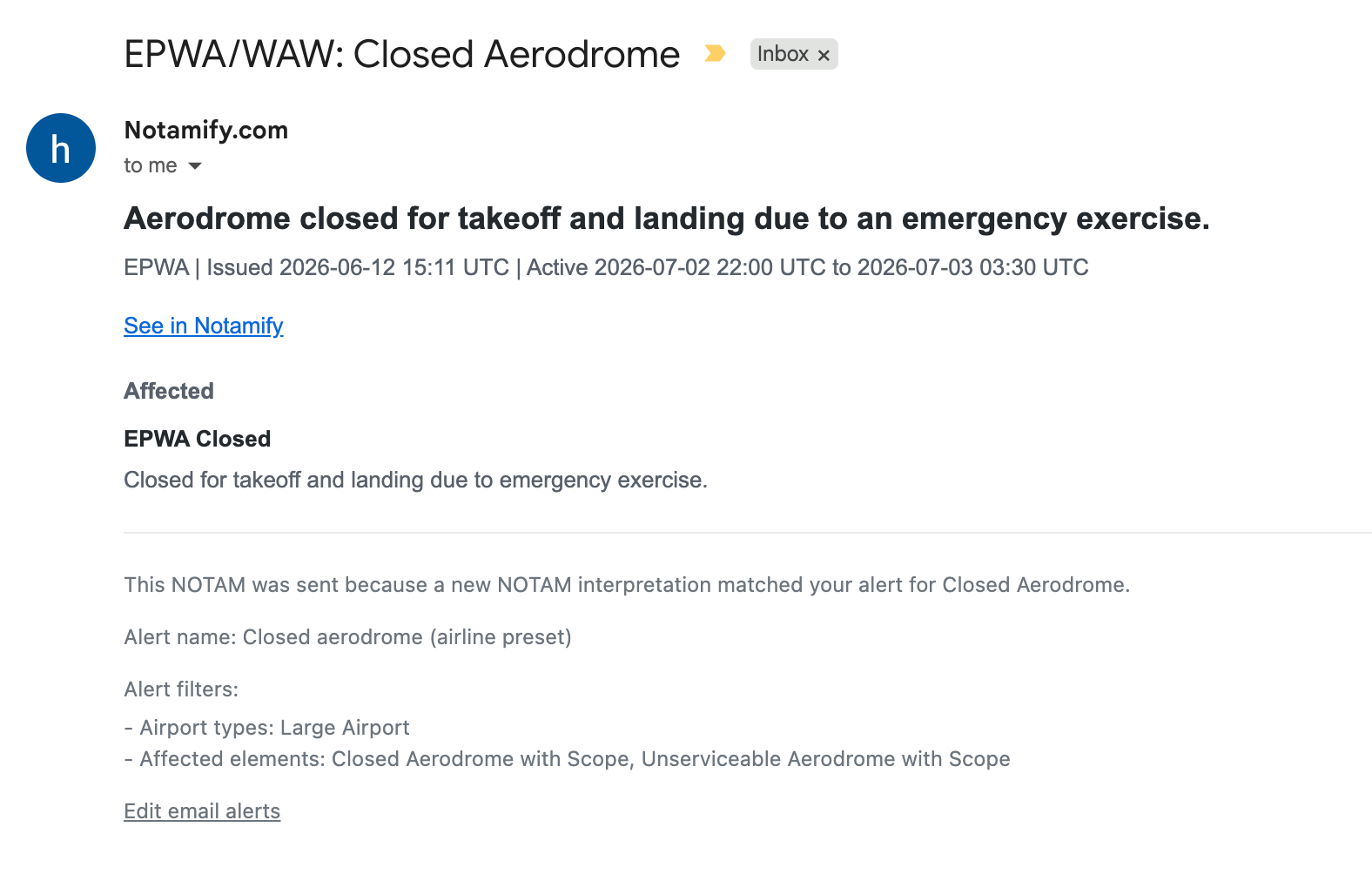 Notamify email alert for a closed aerodrome NOTAM