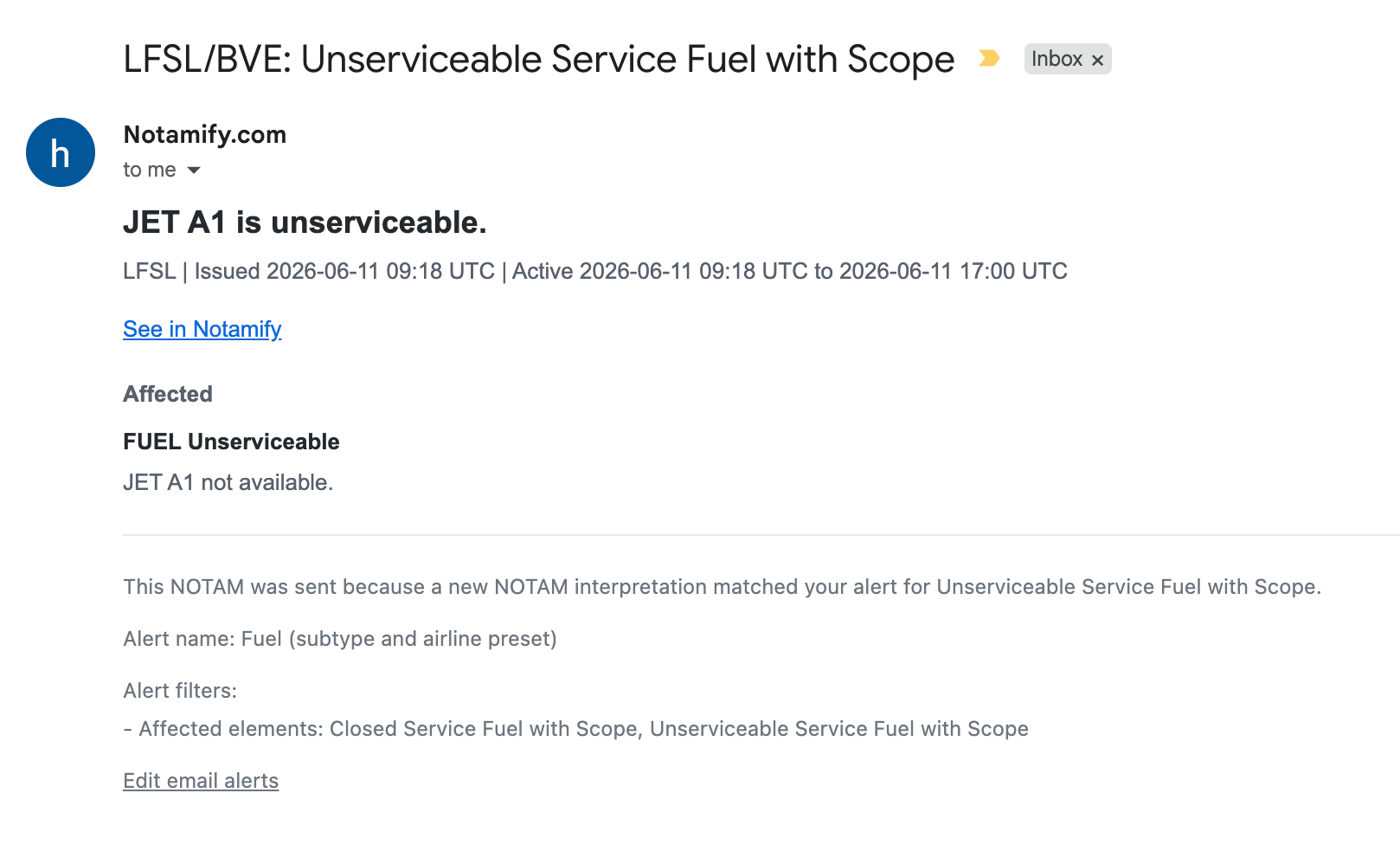 Notamify email alert for Jet A1 fuel unserviceability at LFSI