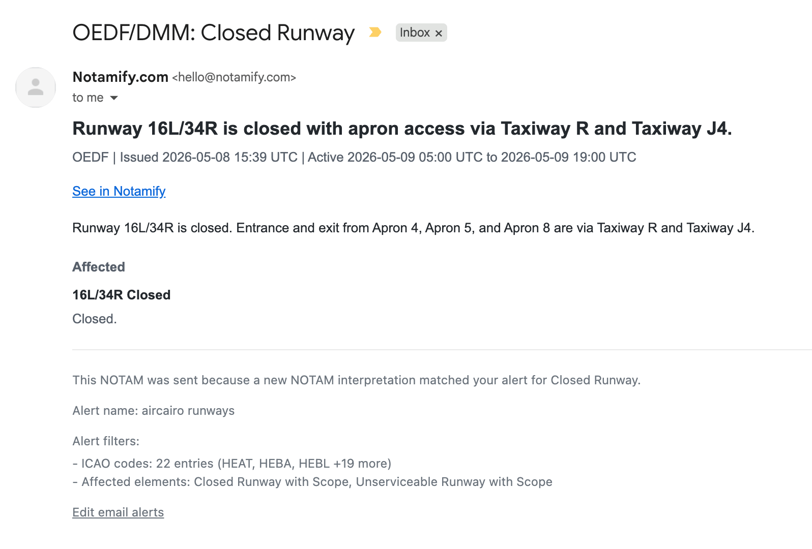 Notamify email alert for runway 16L/34R closure at OEDF