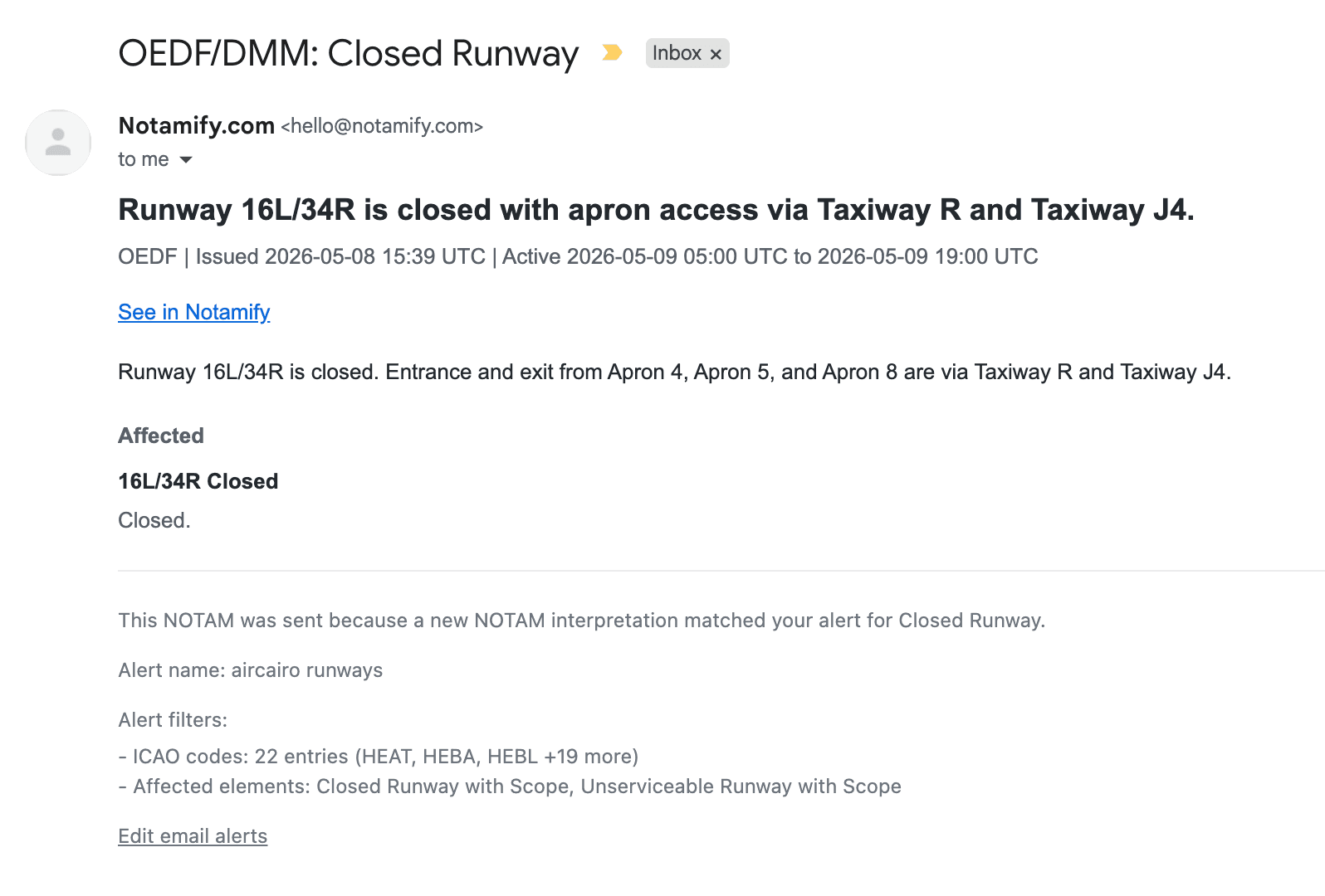 Notamify email alert for runway 16L/34R closure at OEDF