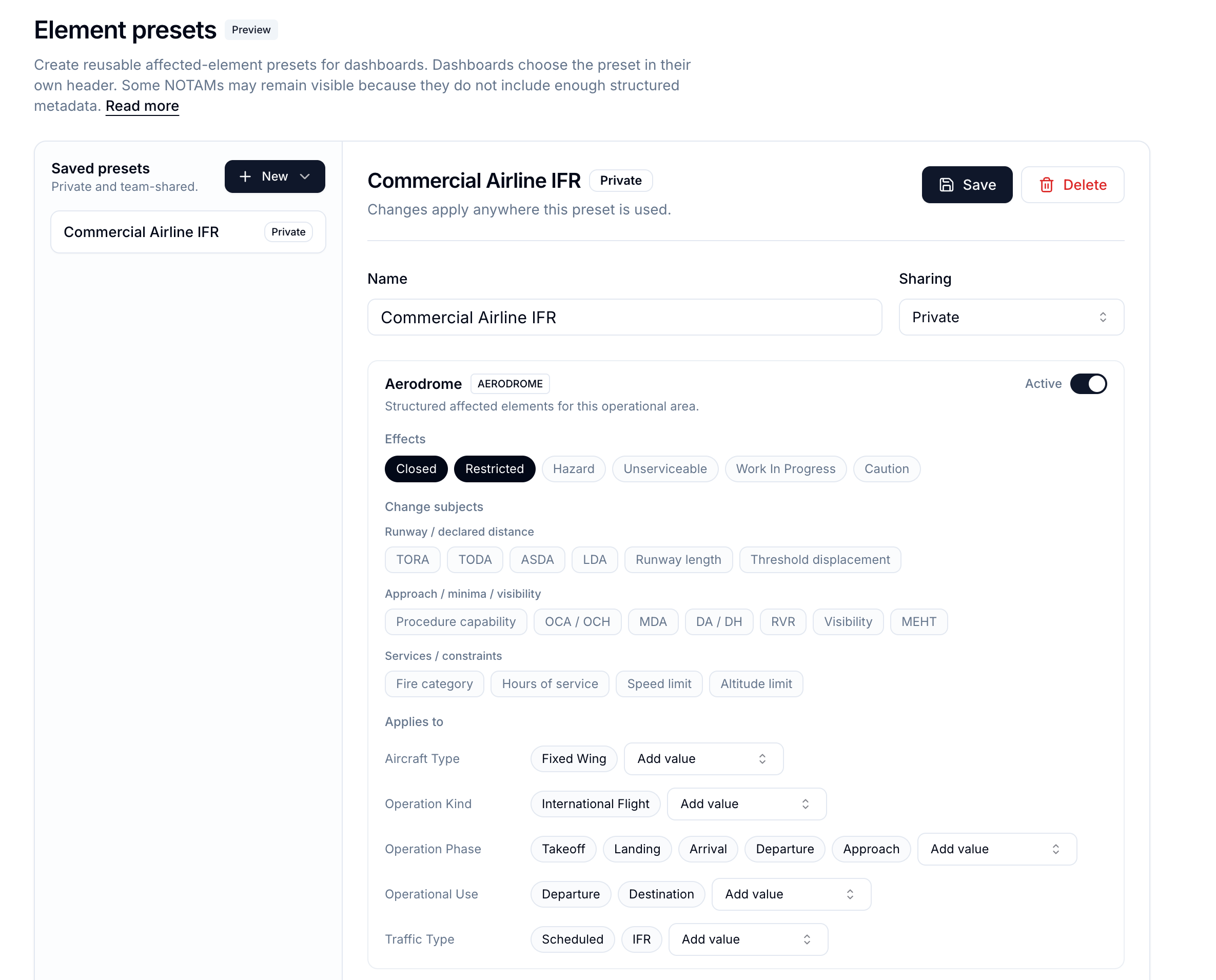 Notamify operational profile builder for commercial airline IFR monitoring