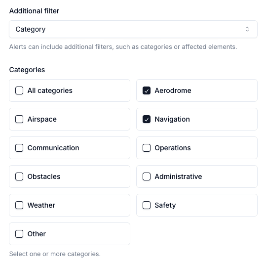 NOTAM category filtering with checkboxes for Aerodrome, Airspace, Navigation and more