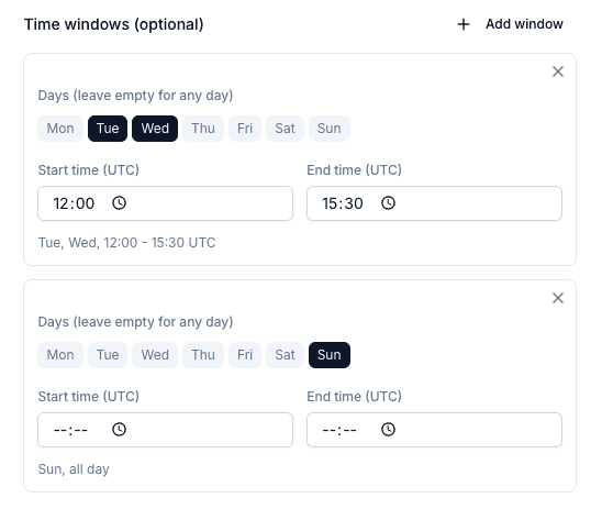 Time window configuration showing day selection and UTC time range settings