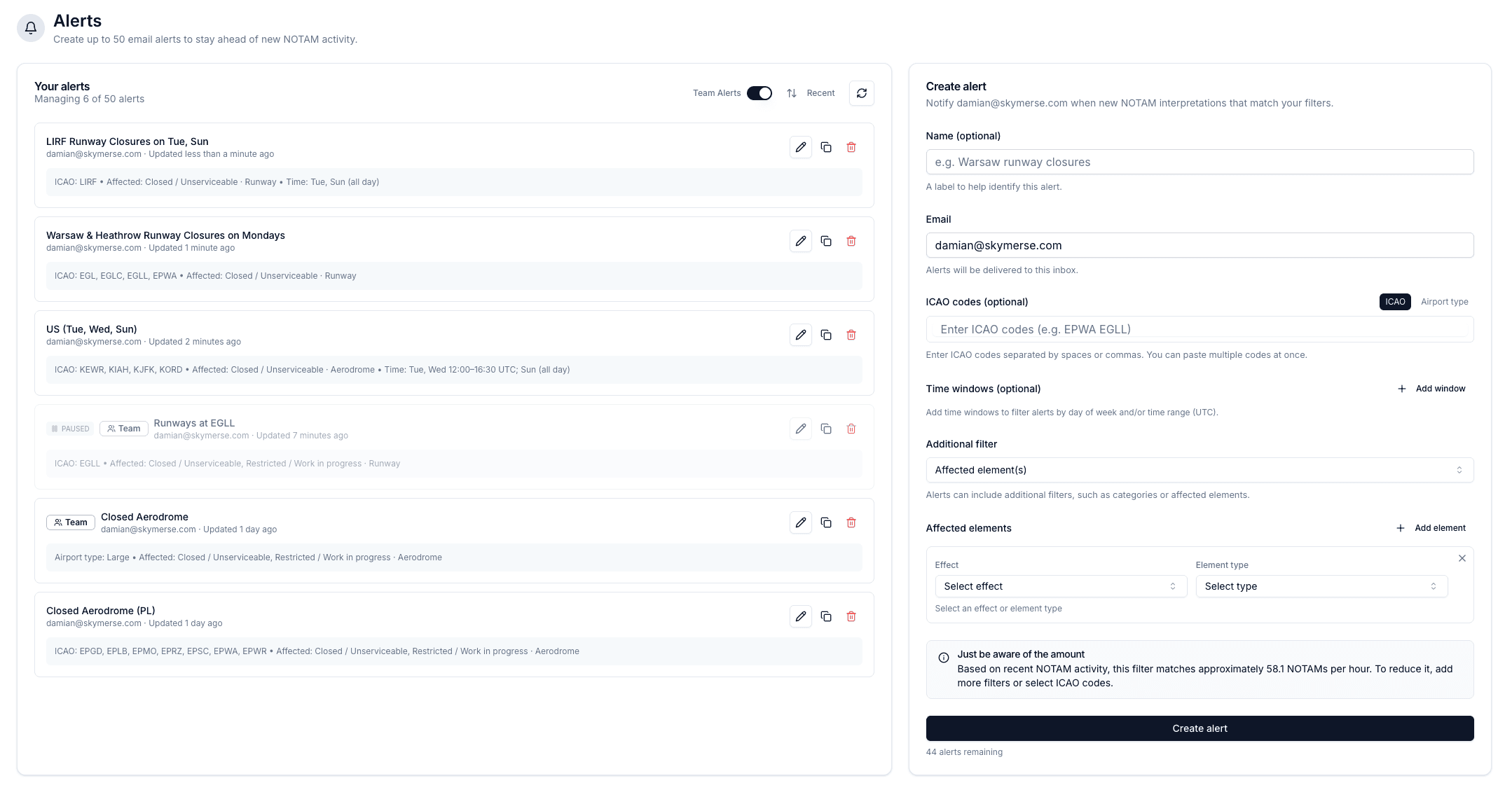 Notamify Alerts dashboard showing alert list and configuration form