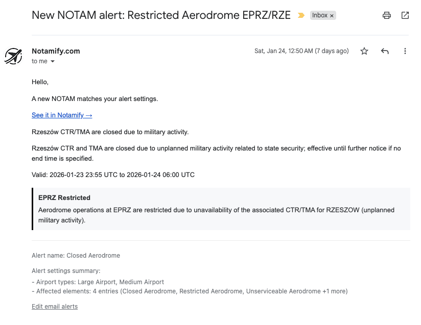 Email alert showing Restricted Aerodrome notification for EPRZ due to CTR/TMA closure