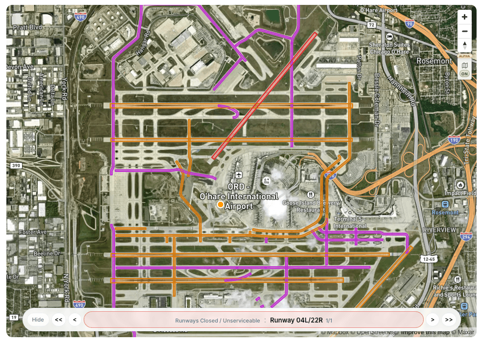 Notam Globe showing affected airport elements at KORD