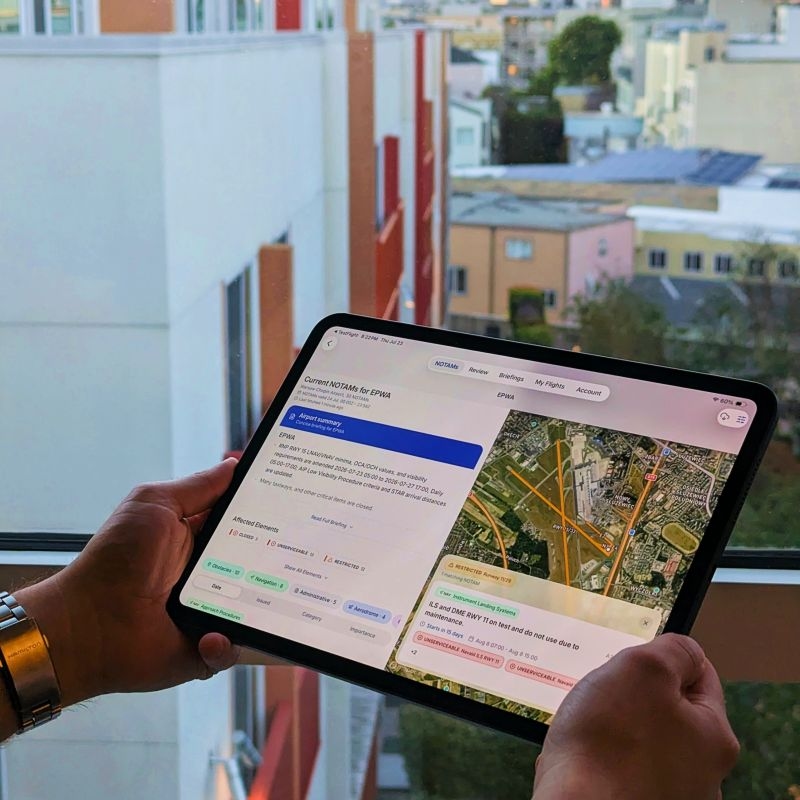 Notamify app showing NOTAM review and an airport map on iPad