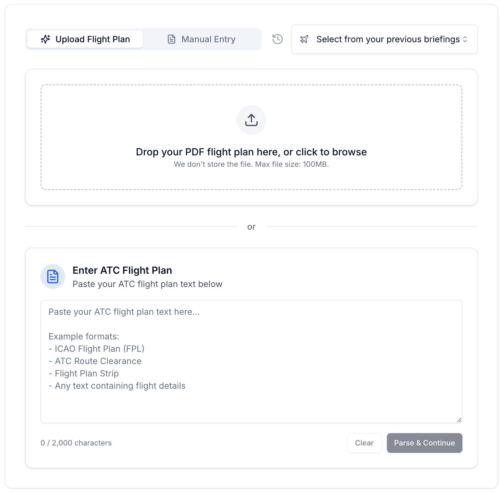 Flight plan upload options